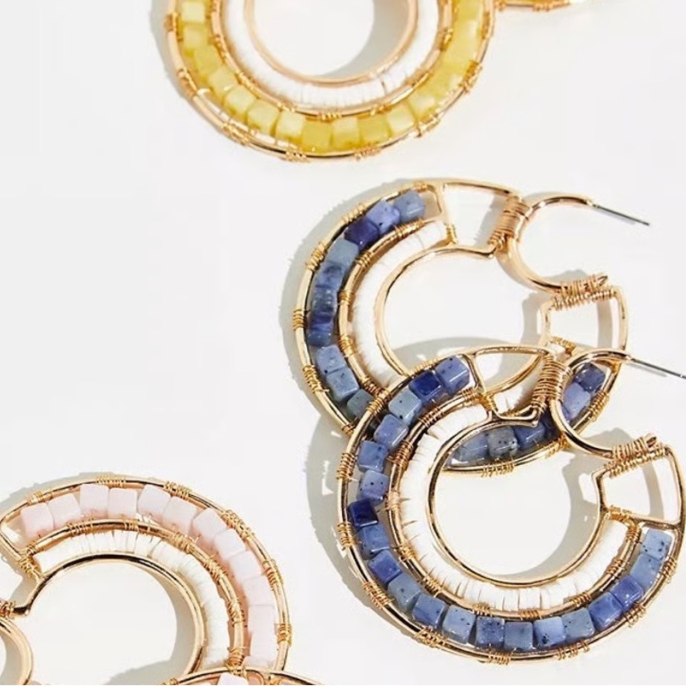 NWT Free People Beyond Beaded Hoop Earrings in Blue & Gold Combo